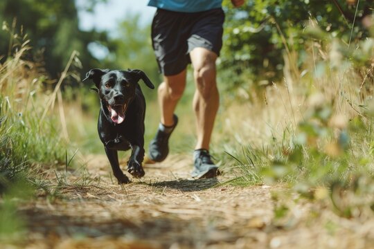 Happy dog running exercise together with his owner in summer, summer activity