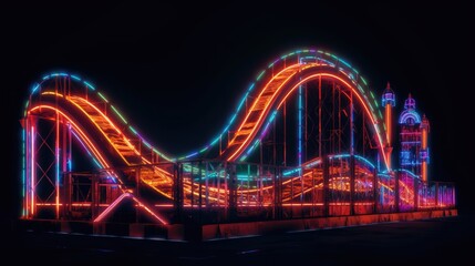 Amusement park with roller coaster at night with bright colorful neon lights