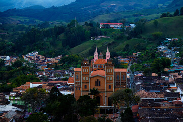 Aerial view of the Jerico Cathedral (Colombia) at dusk