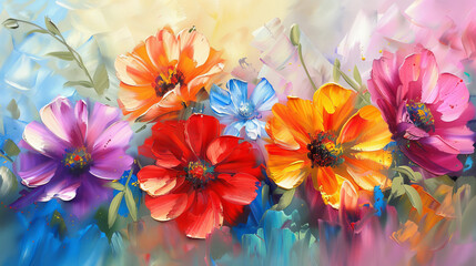 This artwork captures an array of multicolored flowers using thick, vivid oil paint strokes that provide texture and depth