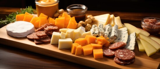 Fototapeta premium A rustic wooden cutting board featuring an assortment of cheeses and meats, perfect for a charcuterie spread. Ideal for serving as a starter or appetizer at a gathering