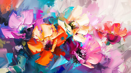 A striking abstract artwork capturing the essence of blossoming flowers in dynamic shades and swift brushstrokes