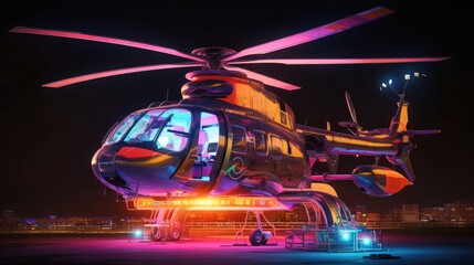 Futuristic helicopter On Black Background In Cyberpunk Style With Glowing Neon Lights