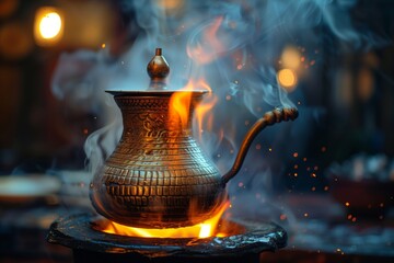 Exotic Coffee Preparation with Fiery Technique. Ornate coffee pot sits atop glowing coals, with flames licking its sides, as part of an exotic and traditional coffee-making ritual.