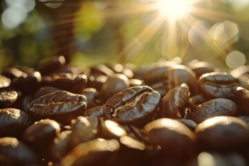 Obraz premium Sunlit Coffee Beans with Golden Bokeh Effect. Close-up of roasted coffee beans bathed in sunlight, featuring a warm golden bokeh background, highlighting the texture and aroma of the beans.