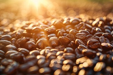Sunlit Coffee Beans with Golden Bokeh Effect. Close-up of roasted coffee beans bathed in sunlight, featuring a warm golden bokeh background, highlighting the texture and aroma of the beans.