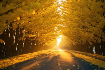 銀杏, 銀杏並木, 並木道, 秋, 道路, 美しい風景, gingko, gingko boulevard, autumn, road, beautiful scenery - obrazy, fototapety, plakaty