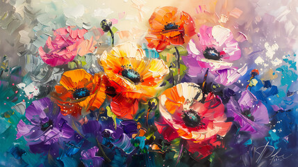 A bold and impressionistic oil painting featuring poppies with sweeping brushstrokes and rich colors