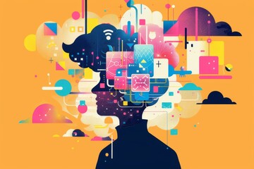 Colorful abstract silhouette with digital elements - A vibrant digital collage depicting a human silhouette filled with various abstract shapes and technological symbols, signifying the intersection o
