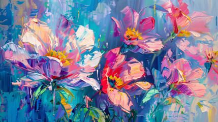 Energetic and colorful oil painting showing a burst of flower petals with lively and expressive strokes