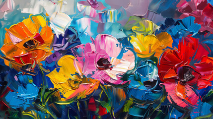 This painting features a rich tapestry of flower forms created with thick, textured strokes of intense colors