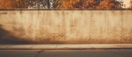 A brown brick wall with a sidewalk in front, surrounded by trees in the background creating a natural landscape. The wood accents and shades of amber add depth to the scene
