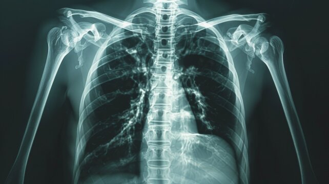X-ray image showing ribs and lungs of human body - A high-resolution x-ray reveals the intricate details of the human rib cage and lungs against a dark background