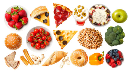 A diverse selection of food representing different groups, from fruits and vegetables to fast food, for a concept on dietary choices