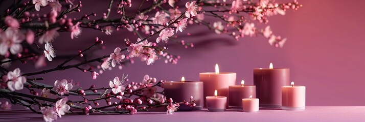 Beautiful blooming branches with pink flowers and candles on pink background