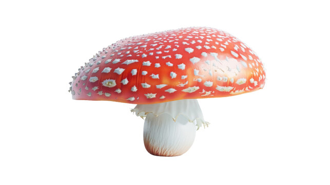 This brightly colored red mushroom with white spots stands out with its fairytale-like appearance