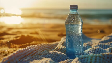Water bottle against the beach towel, with a droplet of water catching the soft light.Cool Hydration concept. - obrazy, fototapety, plakaty