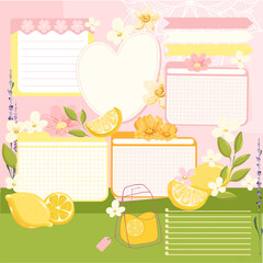 Daily reminder note stickers with lemon flowers green leaf girls diary pink lemonade citrus juice, empty blank design 
