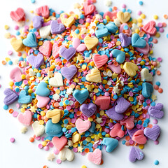 Fototapeta na wymiar Pink yellow and many colors heart-shaped sugar candies sprinkles Valentine's Day background creating a confetti-like explosion on a bright white canvas.
