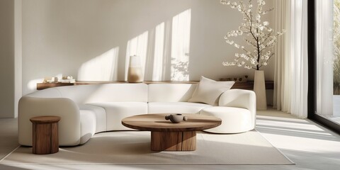  minimalist Scandinavian living room with a round wood coffee table positioned against a white sofa