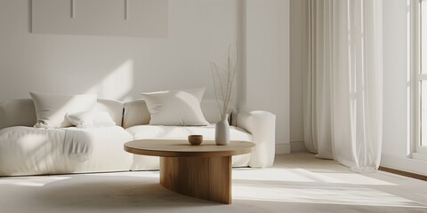 Fototapeta na wymiar minimalist Scandinavian living room with a round wood coffee table positioned against a white sofa