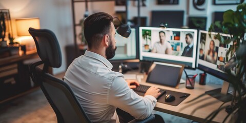 The manager of the company conducts virtual meetings with his clients while seated at a desk in the office. A man talks on the video call, gazing into the webcam. idea behind internet services. - obrazy, fototapety, plakaty