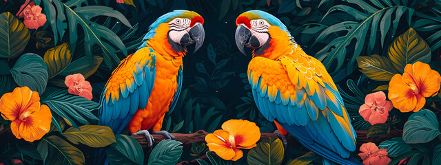 Two parrots in tropical leaves and flowers sitting on a branch. Contemporary style. Bright exotic floral illustration for design, print, background