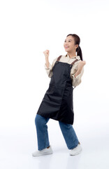 Portrait young asian barista woman wearing apron standing and smile isolated white background, waitress or entrepreneur cheerful, small business or startup, waiter of cafe or coffee shop.