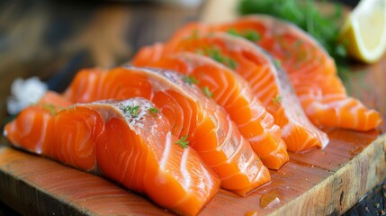 Sliced salmon: Provides protein and omega-3 fatty acids - obrazy, fototapety, plakaty