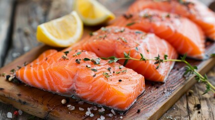 Sliced salmon: Provides protein and omega-3 fatty acids - obrazy, fototapety, plakaty