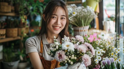 Female florist smile arranging flowers in floral shop. Flower design store. happiness smiling young lady making flower vase for customers, preparing flower work from home business.Small business.