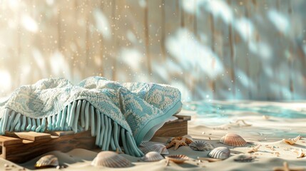 beach towel on a wooden platform with a seashell backdrop and soft summer light.Summer Breeze concept. - obrazy, fototapety, plakaty