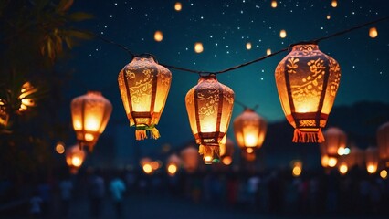Visualize small sky lanterns gracefully ascending into the beautiful night sky during Ramadan, their soft glow adding a touch of magic and serenity to the festive atmosphere. - obrazy, fototapety, plakaty