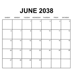 june 2038. monthly calendar design. week starts on sunday. printable, simple, and clean vector design isolated on white background.
