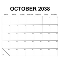 october 2038. monthly calendar design. week starts on sunday. printable, simple, and clean vector design isolated on white background. - obrazy, fototapety, plakaty