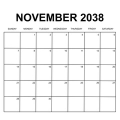 november 2038. monthly calendar design. week starts on sunday. printable, simple, and clean vector design isolated on white background. - obrazy, fototapety, plakaty