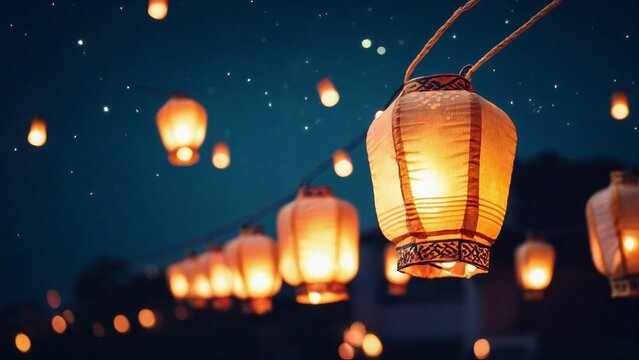 Small sky lanterns flying on beautiful ramadan night