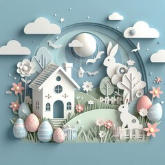 Paper cut illustration of Happy Easter Rabbit with Eggs. Happy easter greeting card.