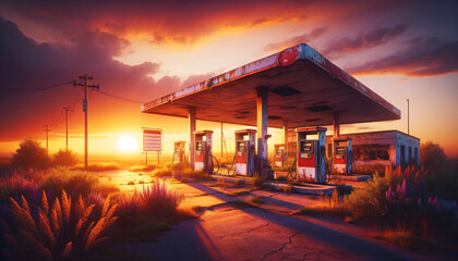 Sunset Over Deserted Gas Station - obrazy, fototapety, plakaty