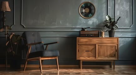 A gramophone on wooden cabinet and black chair in dark retro room interior