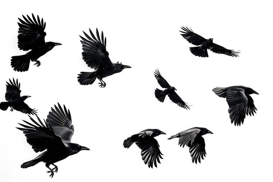 crow, illustration, background, bird, vector, fly, flight, animal, wing, group, set, cartoon, raven, nature, design, isolated, feather, realistic, icon, decoration, symbol, collection, decor, art, bla