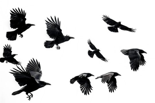 crow, illustration, background, bird, vector, fly, flight, animal, wing, group, set, cartoon, raven, nature, design, isolated, feather, realistic, icon, decoration, symbol, collection, decor, art, bla