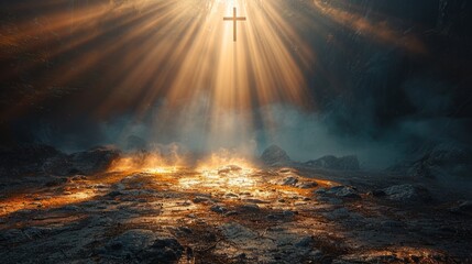 The Easter Religious background with the Christian Cross The Stairway to heaven is a spiritual concept, the stairway to the light of spiritual fantasy, the Dundar effect, the light of Jesus - obrazy, fototapety, plakaty