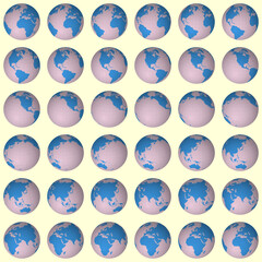 Collection of globes. Slanted sphere view. Rotation step 10 degrees. Solid color style. World map with sparse graticule lines on pale background. Pleasing vector illustration.