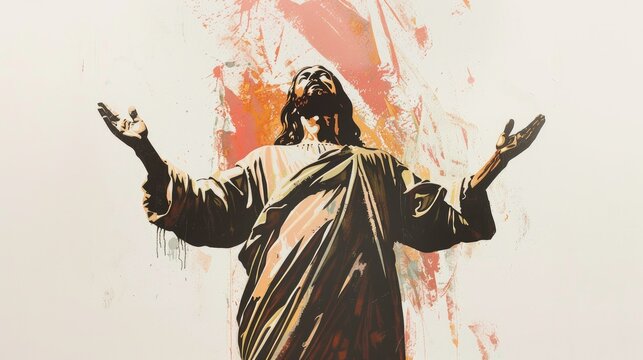 Jesus Christ with his hands up in the air, digital painting.