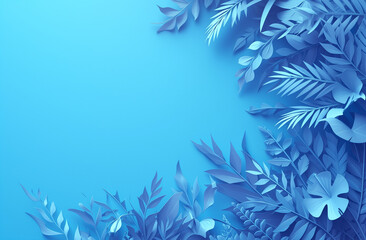 Fototapeta na wymiar Refreshing Blue Abstract with Tropical Leaves, Flat Lay Top View, Minimalist Concept, Paper Cutout Style, Copy Space for Text