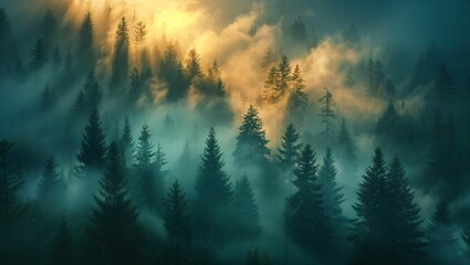 Forest at dawn, the mist and light creating an ethereal, tranquil wallpaper - obrazy, fototapety, plakaty