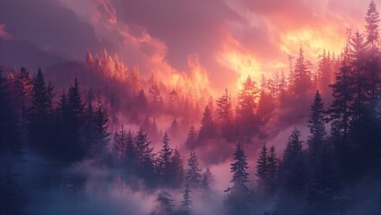 Forest at dawn, the mist and light creating an ethereal, tranquil wallpaper - obrazy, fototapety, plakaty