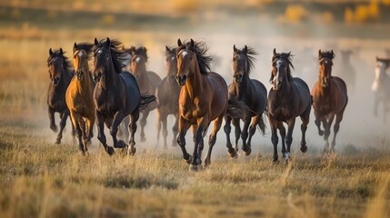 Obraz premium Majestic Herd of Wild Horses Running Free Across Golden Savannah at Sunset, Displaying Beauty and Freedom in the Wild