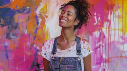 A woman with paint splattered overalls smiles contentedly as she admires her latest abstract...